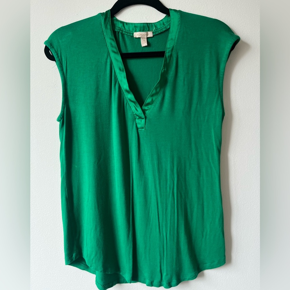 Bordeaux Green sleeveless V-neck blouse with silk trim.